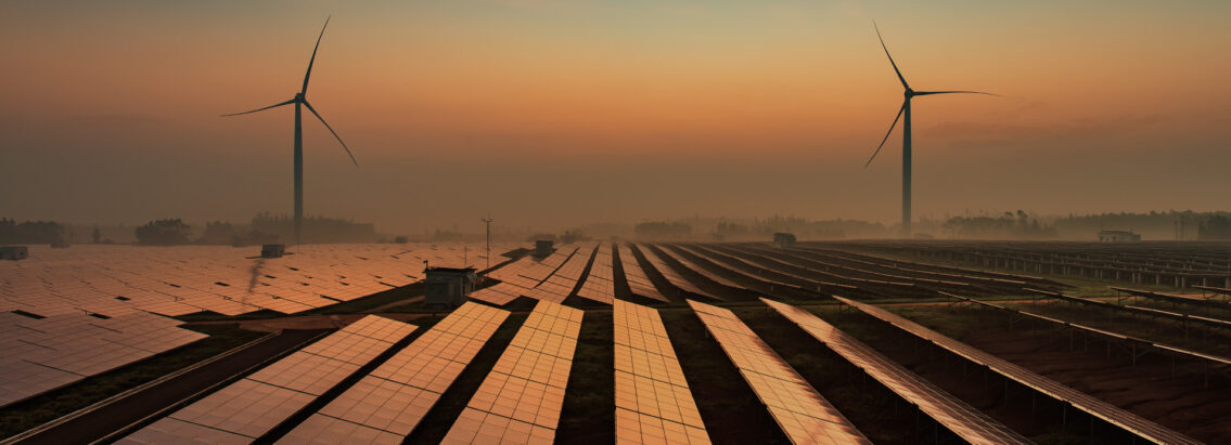 solar panels and 2 wind turbines